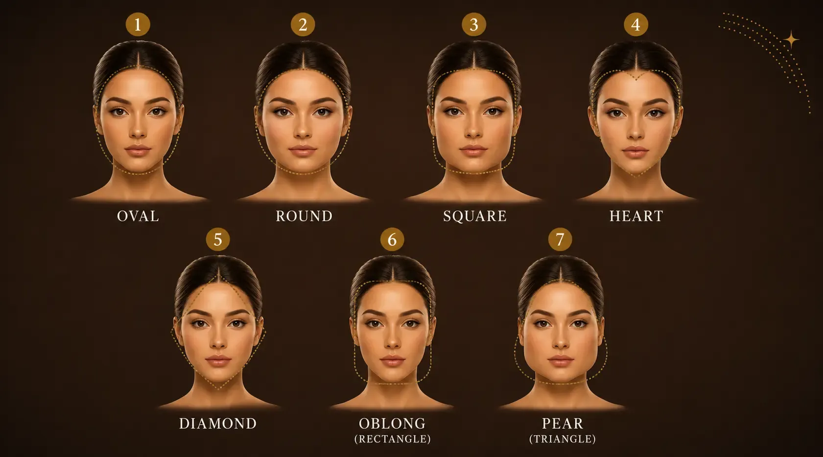 7 face shapes chart — Oval, Round, Square, Heart, Diamond, Oblong, Pear face shapes overview comparison
