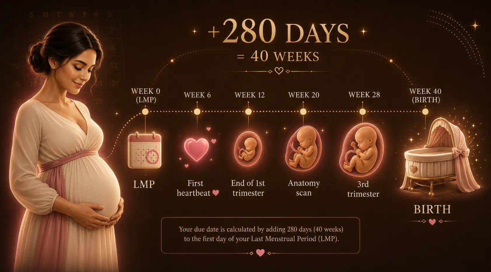 Pregnancy due date calculation diagram showing Naegele's rule and 40-week timeline from last menstrual period to birth