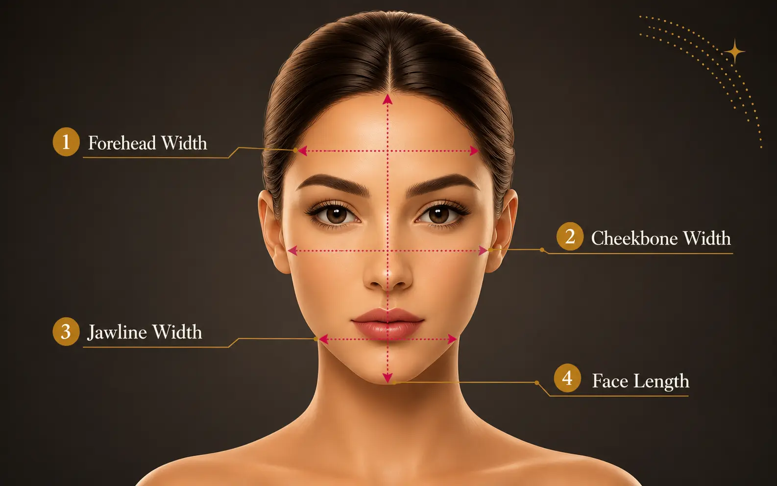How to measure face shape — forehead, cheekbone, jawline and face length measurement points diagram