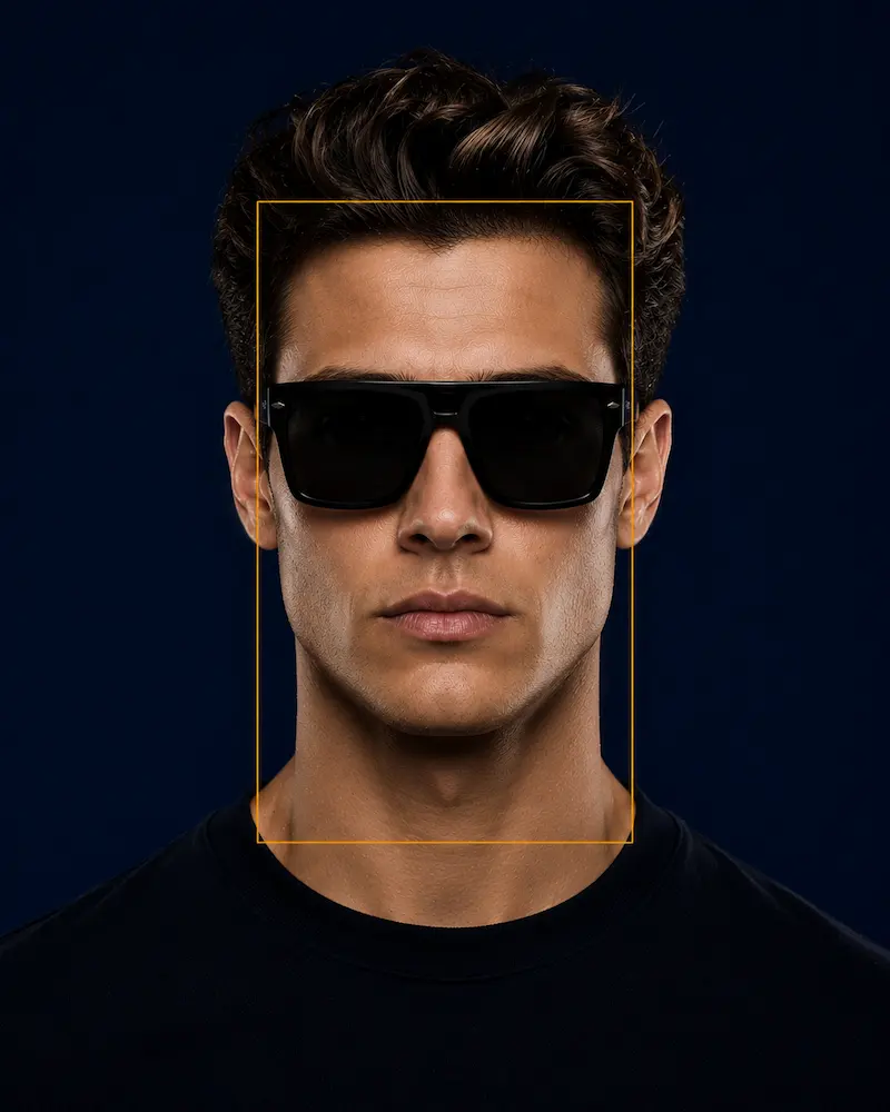 Oblong male face shape visual reference with oversized tall sunglasses