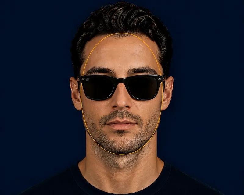 Oval male face shape visual reference with Wayfarer rectangular sunglasses