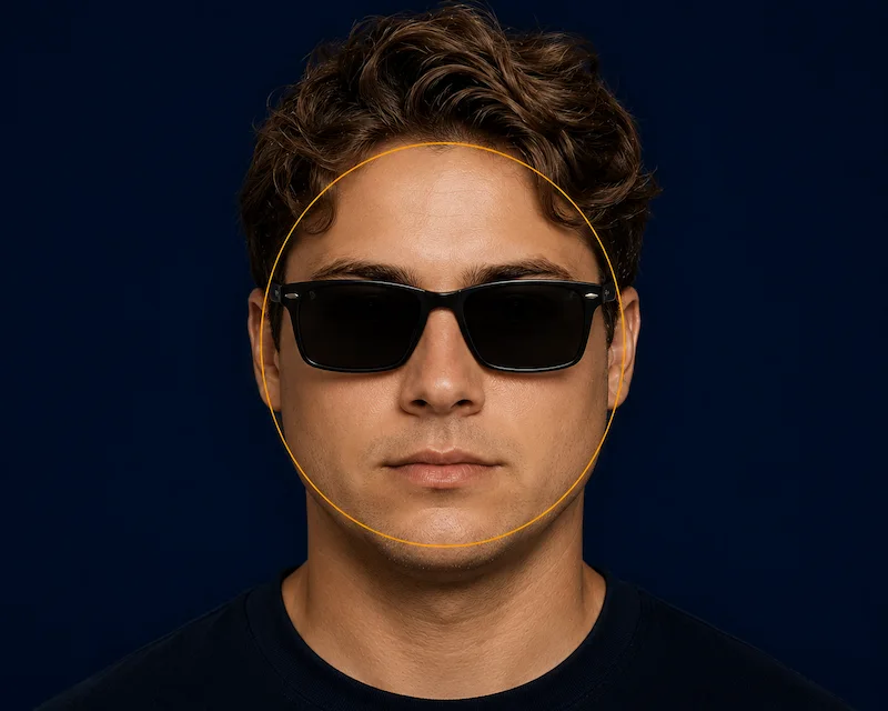 Round male face shape visual reference with angular rectangular sunglasses