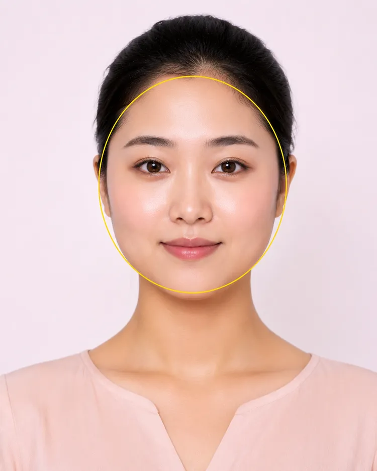 Round female face shape visual reference with angular sunglasses