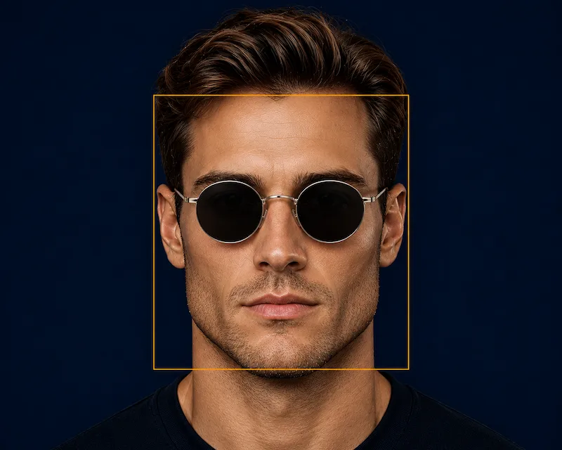 Square male face shape visual reference with round aviator sunglasses