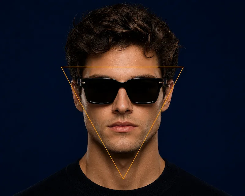 Triangle male face shape visual reference with geometric heavy-top sunglasses