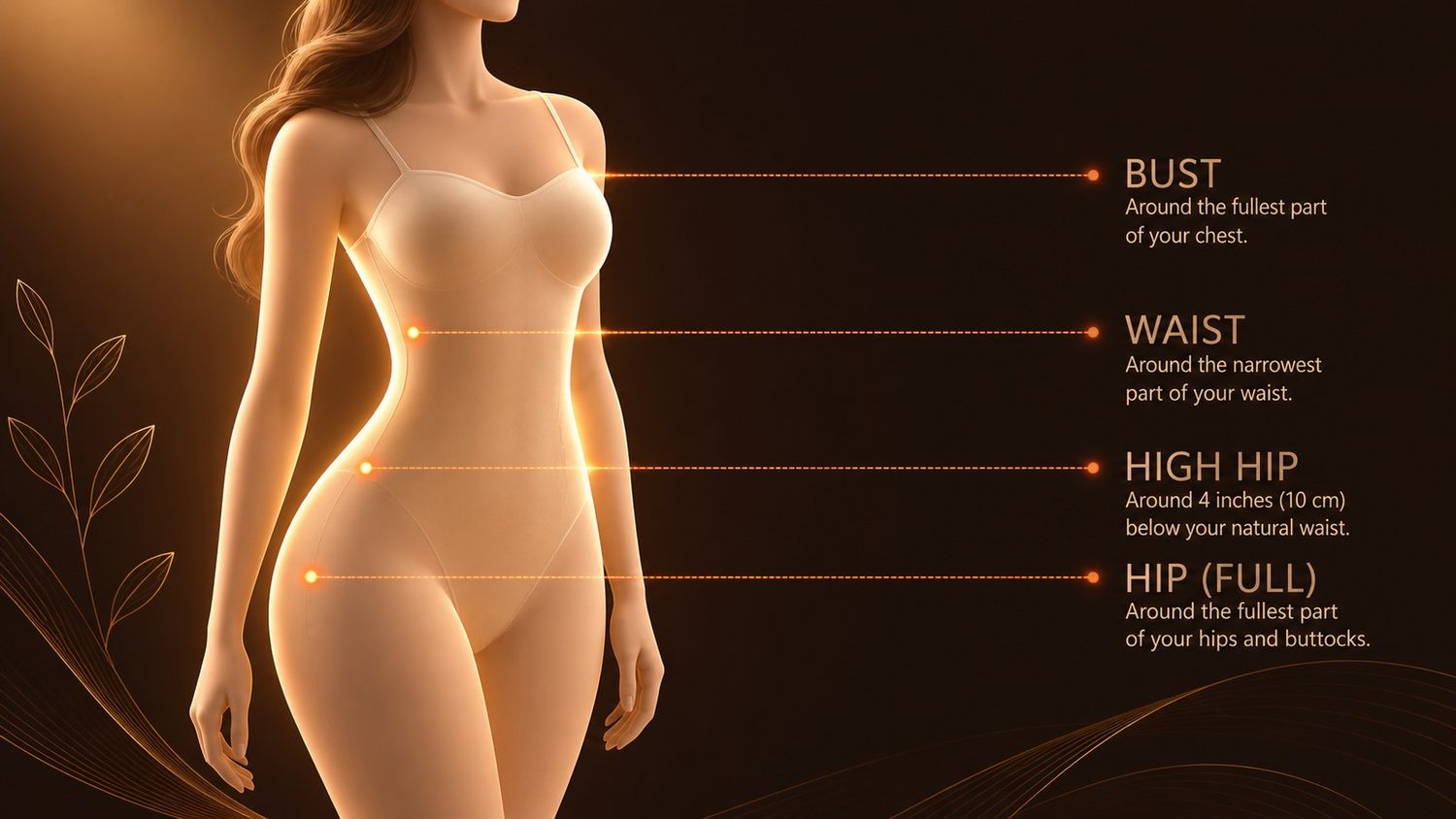 Body shape calculator measurement points diagram showing bust, waist, high hip, and hip