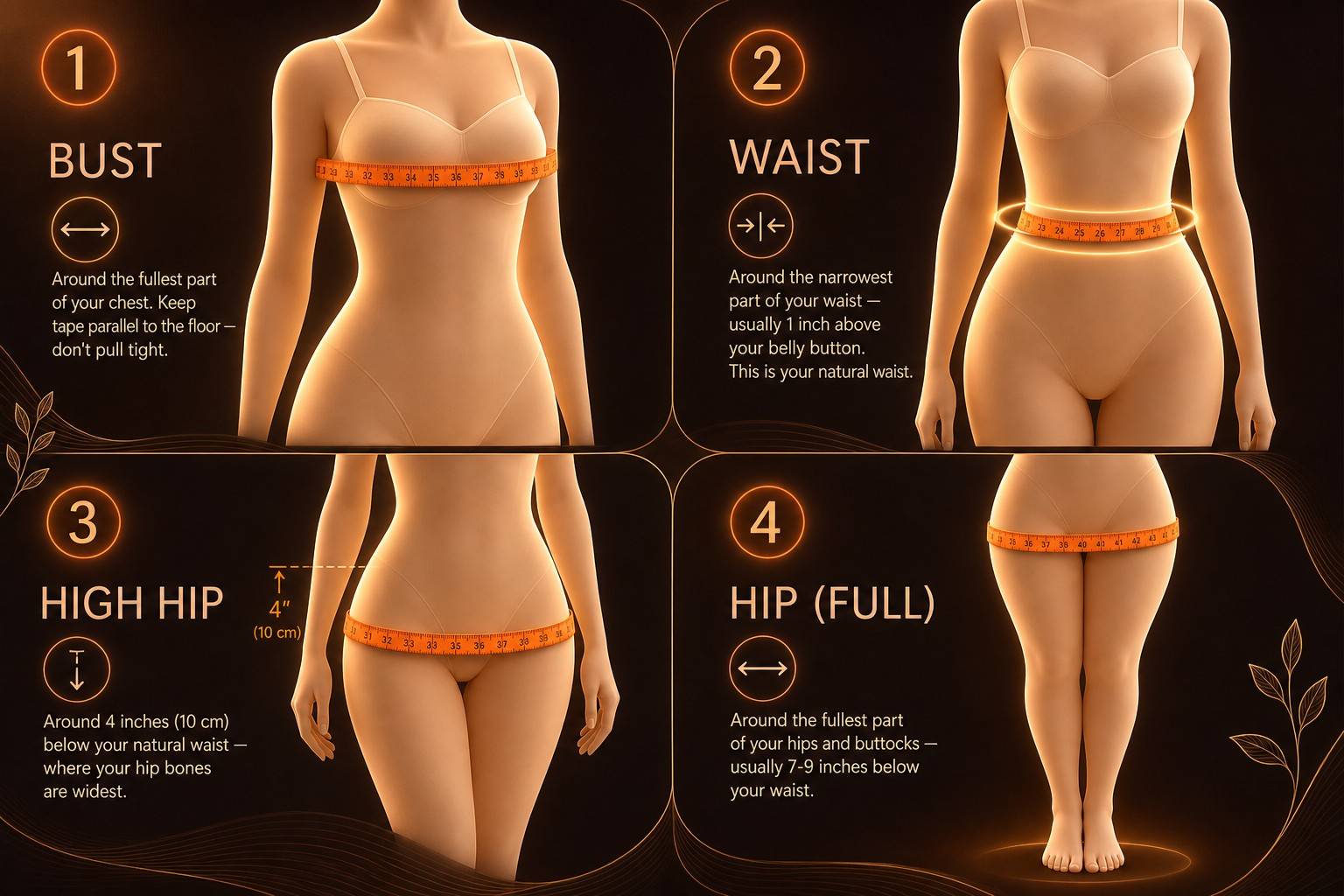 How to measure your body shape step by step guide with bust, waist, high hip, and hip measurements