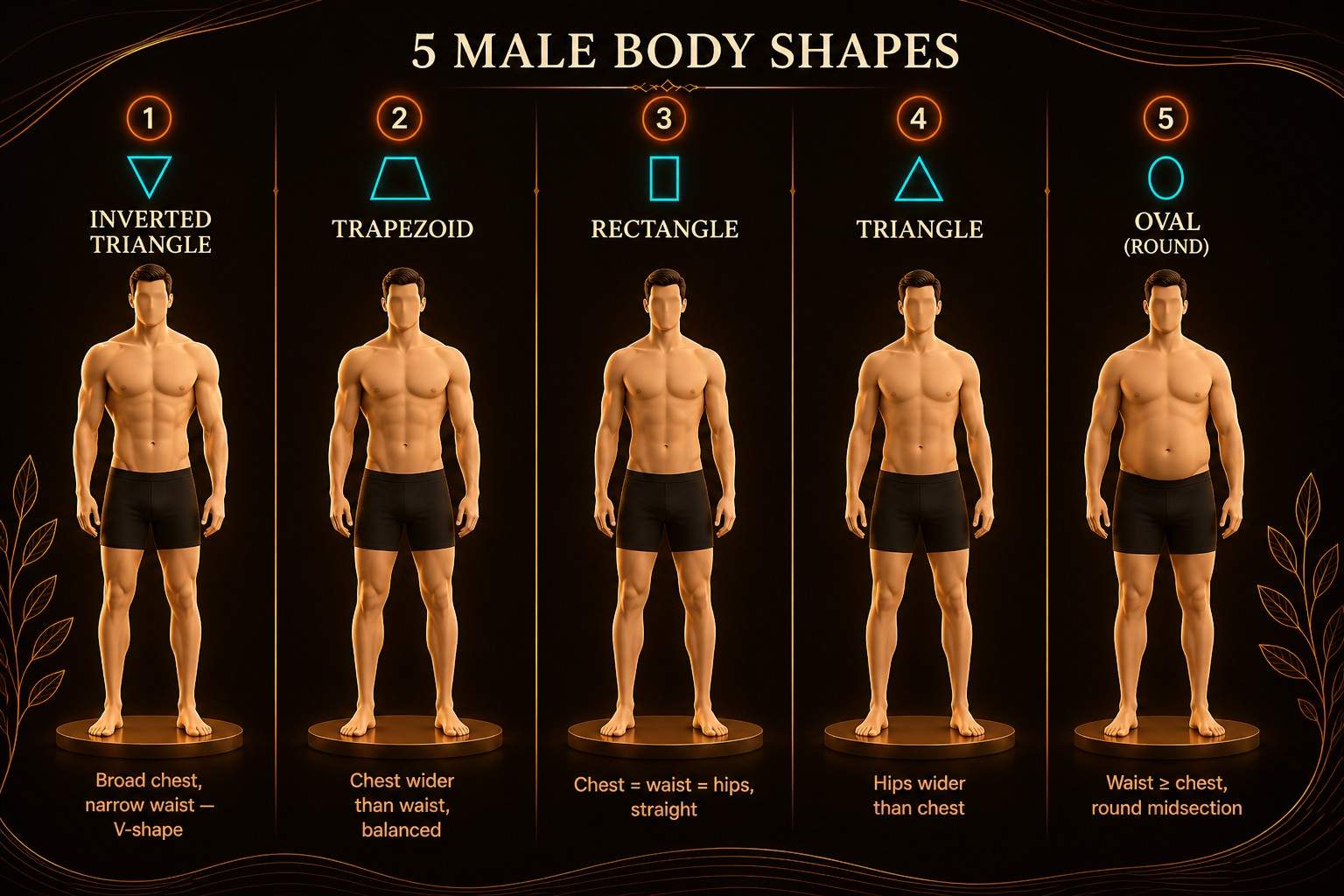 Male body shapes chart showing all 5 types: Inverted Triangle, Trapezoid, Rectangle, Triangle, Oval
