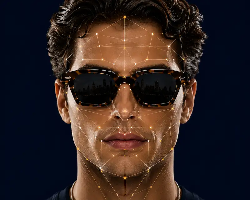 Face shape sunglasses analyzer for male — AI facial landmark detection with sunglasses try-on