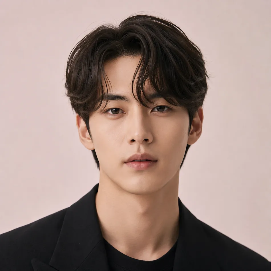 Korean Comma male hairstyle on model