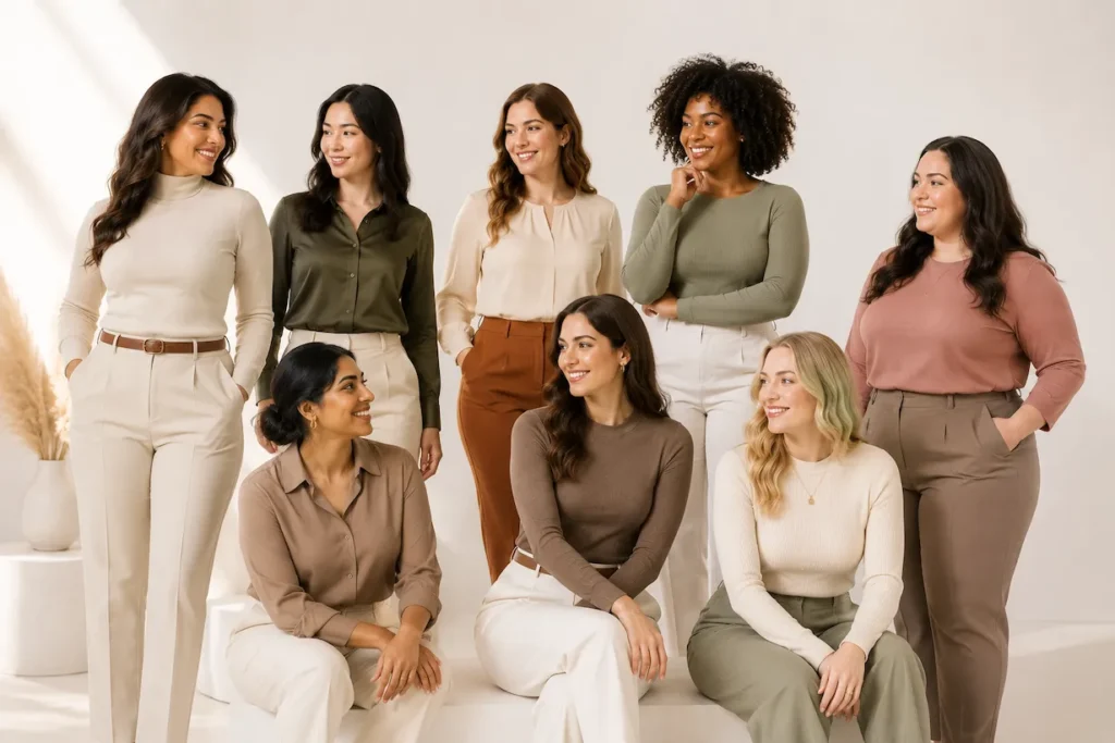 eight women showing all 8 female body types — hourglass pear apple rectangle spoon inverted triangle bottom hourglass top hourglass