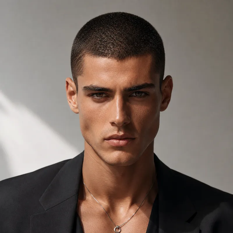 Buzzcut male hairstyle on model
