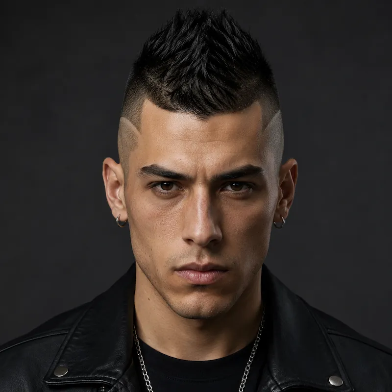 Burst Fade Mohawk male hairstyle on model