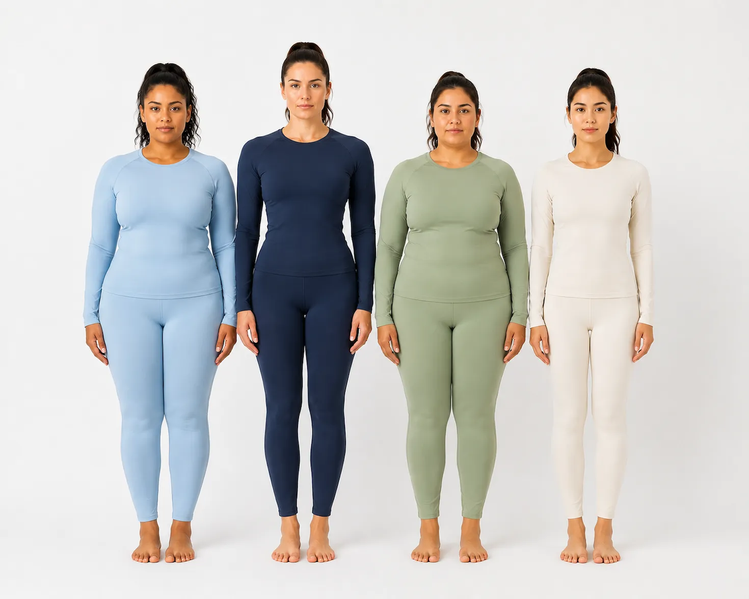 four women showing spoon inverted triangle apple and rectangle female body types in athletic wear