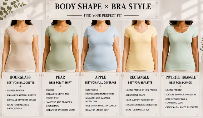 Body shape and bra style pairing guide showing best bra type for hourglass pear apple rectangle inverted triangle body shapes
