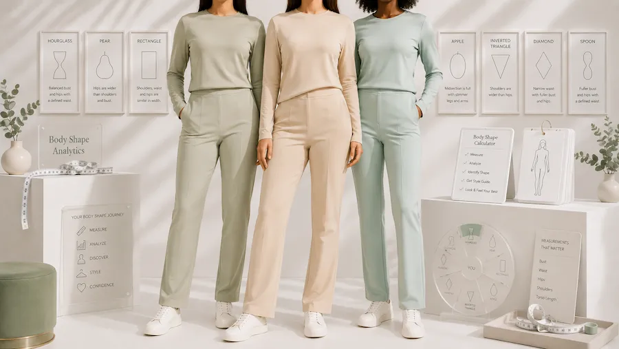 Body shape calculator hero image showing three women representing different female body shapes in sage sand and mint pastel outfits with body shape charts and measurements