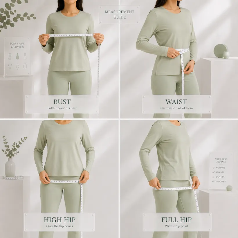 Step by step body shape measurement guide for women showing bust waist high hip and full hip measurement technique with white tape measure