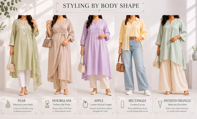 Body shape styling guide showing best outfits for pear hourglass apple rectangle inverted triangle body types in eastern and western wear