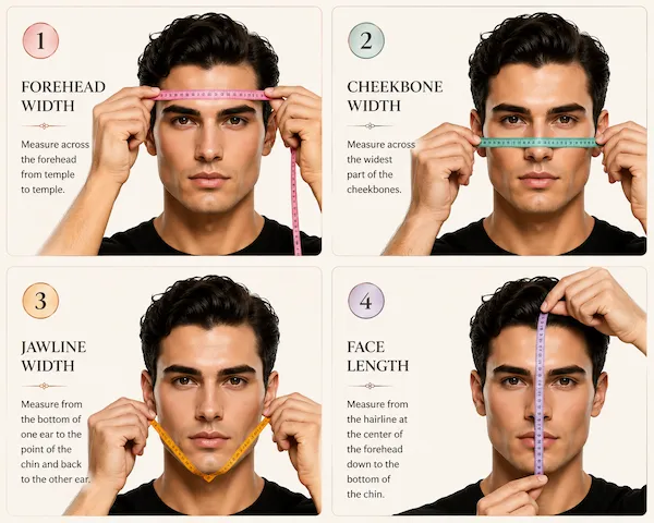 How to measure male face shape — forehead cheekbone jawline and face length measurement guide for men