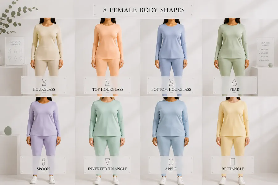 8 female body shapes comparison guide showing hourglass top hourglass bottom hourglass pear spoon inverted triangle apple rectangle in pastel colors
