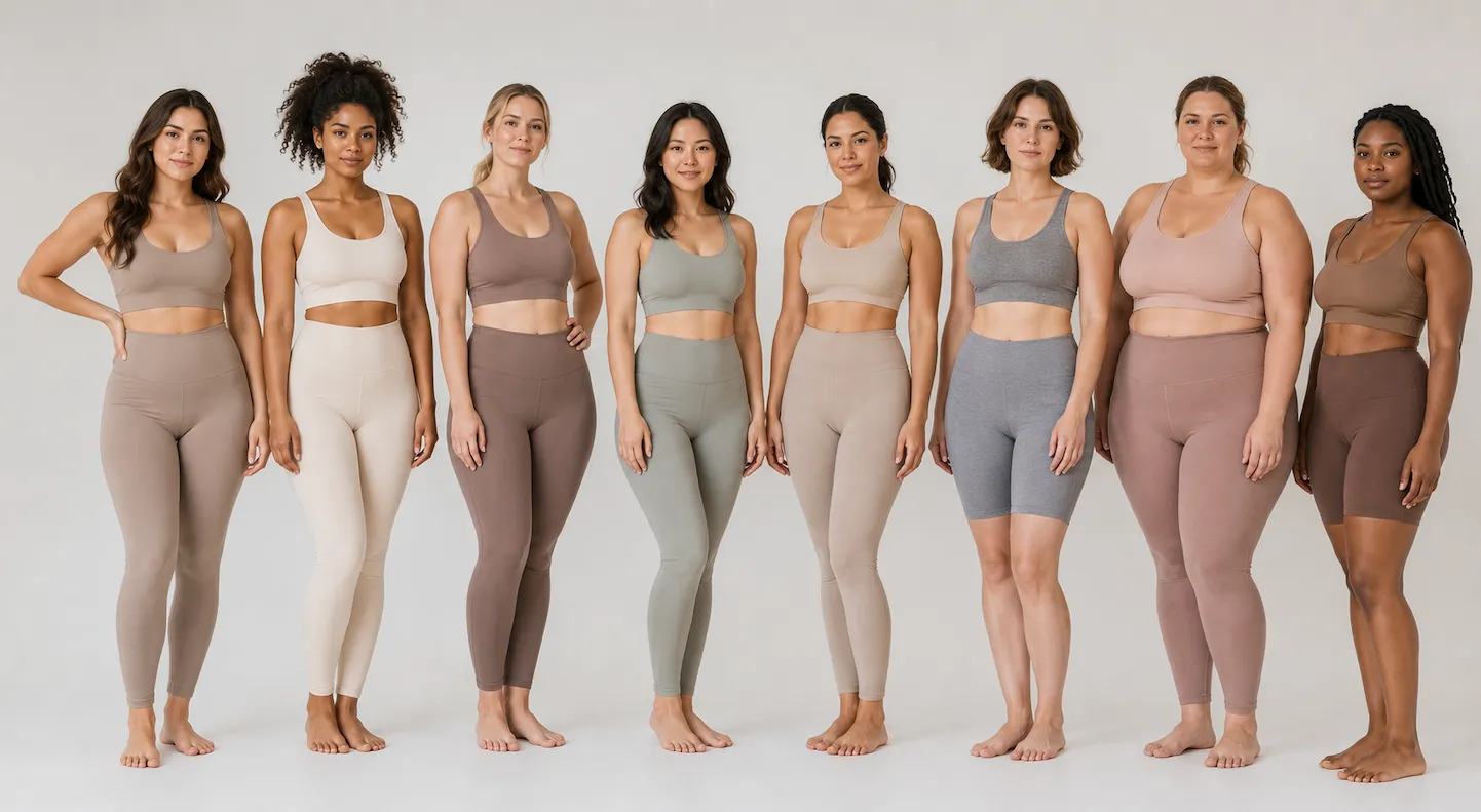 eight women showing all 8 female body shapes — hourglass pear apple rectangle inverted triangle spoon