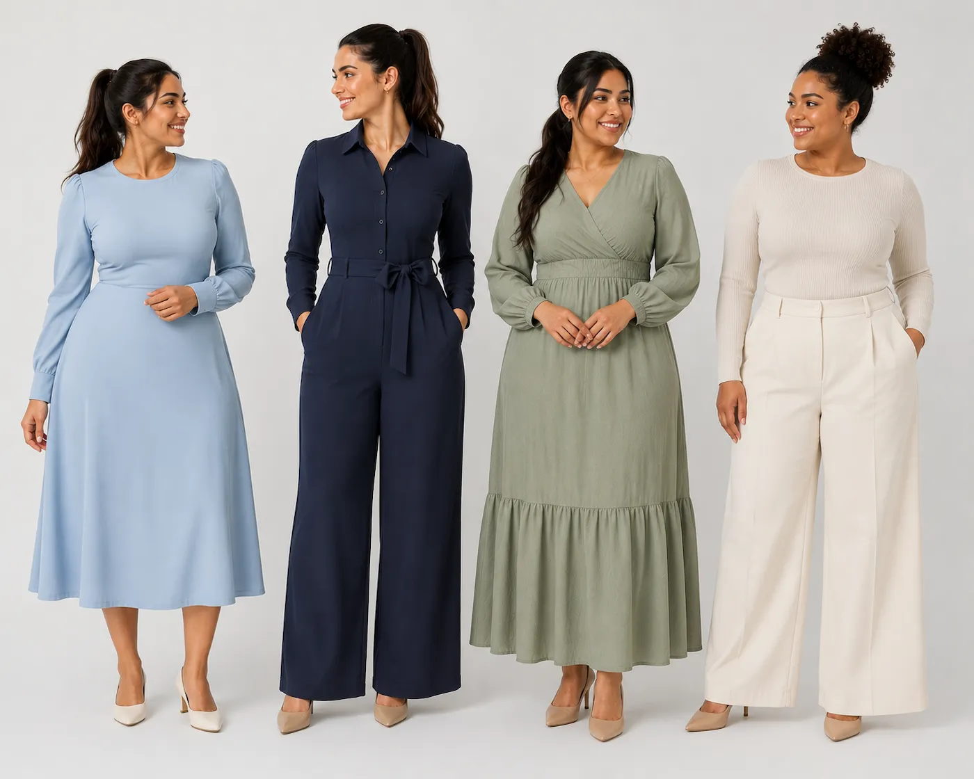 four women with apple rectangle spoon inverted triangle body types wearing recommended outfits