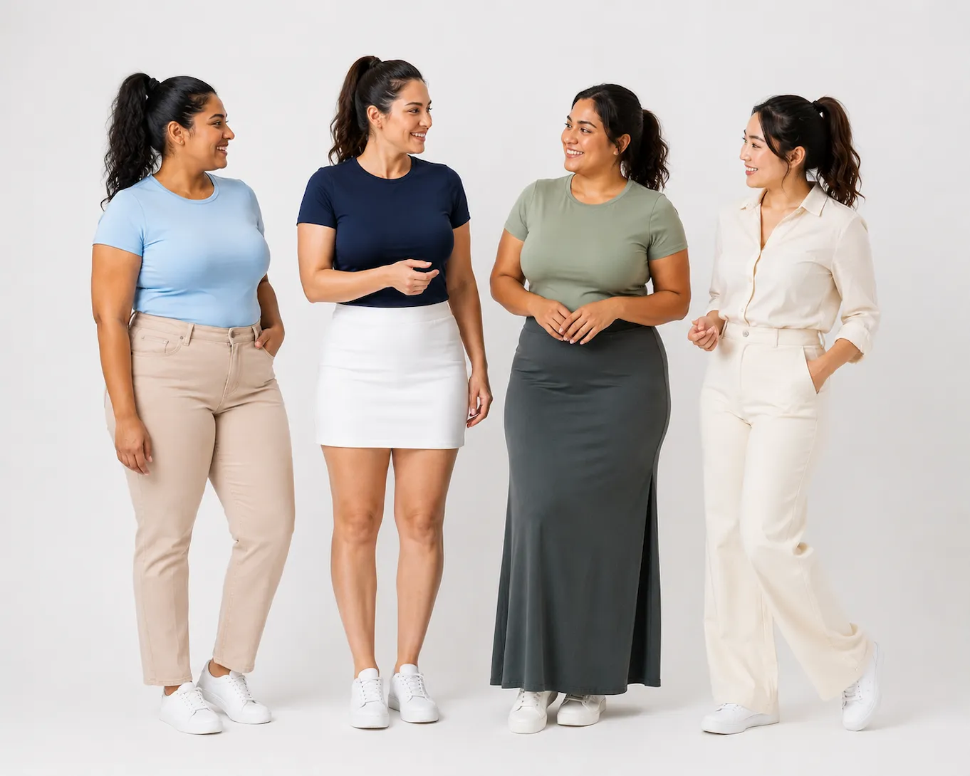 four women with hourglass pear top hourglass bottom hourglass body types wearing recommended outfits