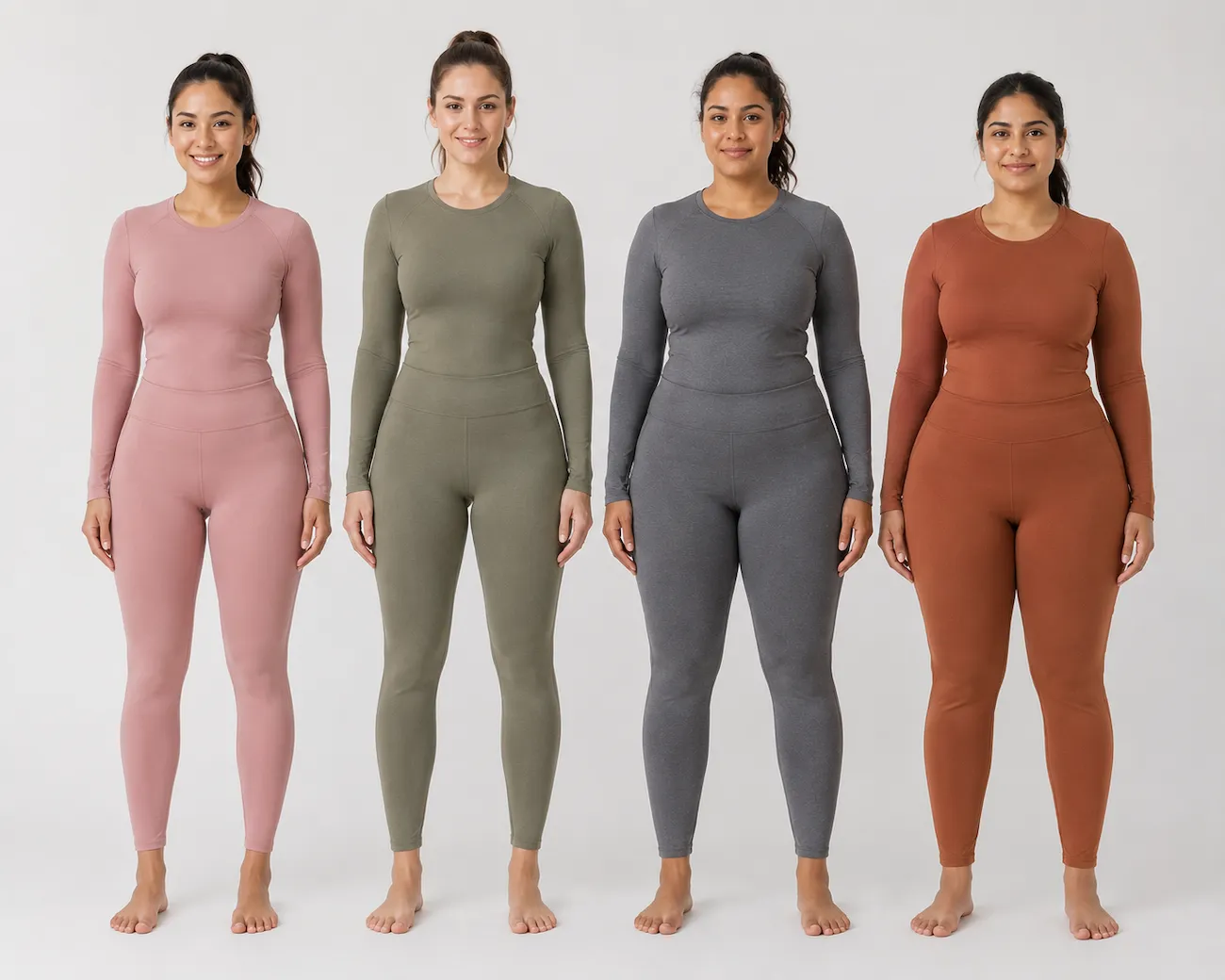 four women showing hourglass top hourglass bottom hourglass and pear female body types in athletic wear
