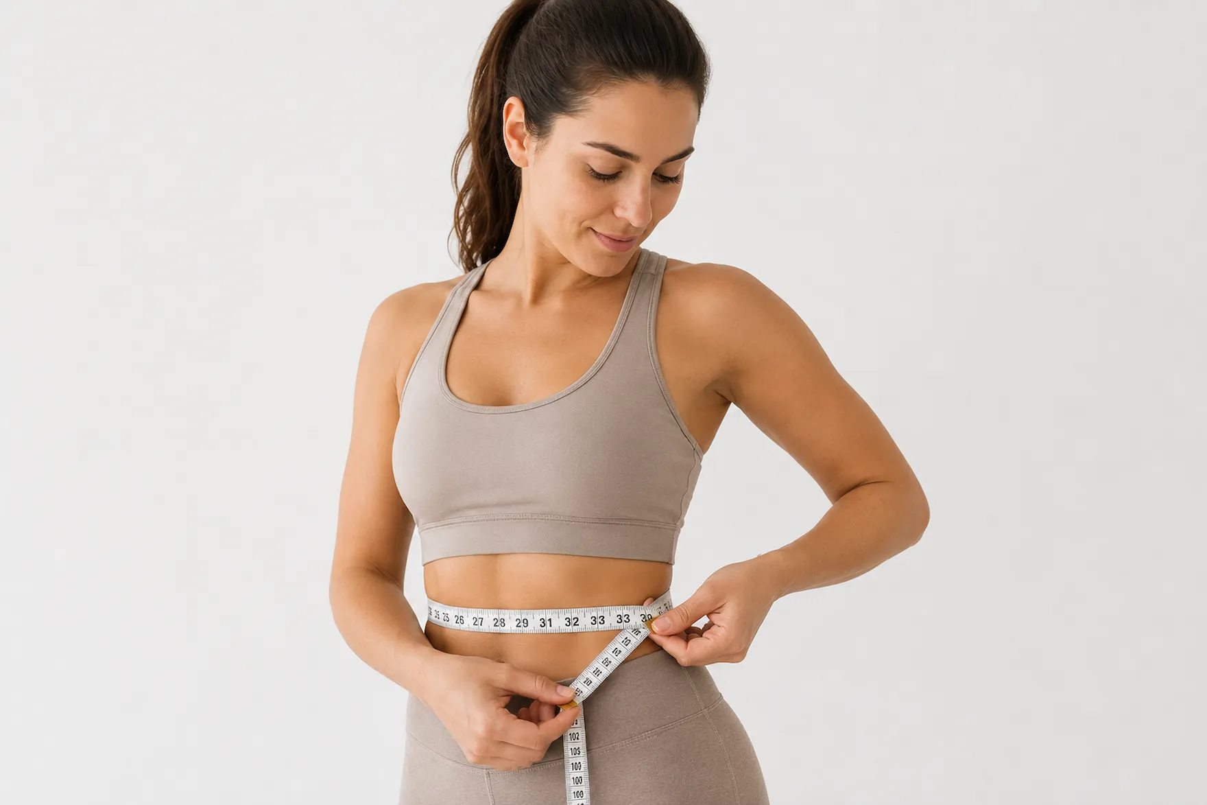 woman measuring waist with tape measure for body shape calculator