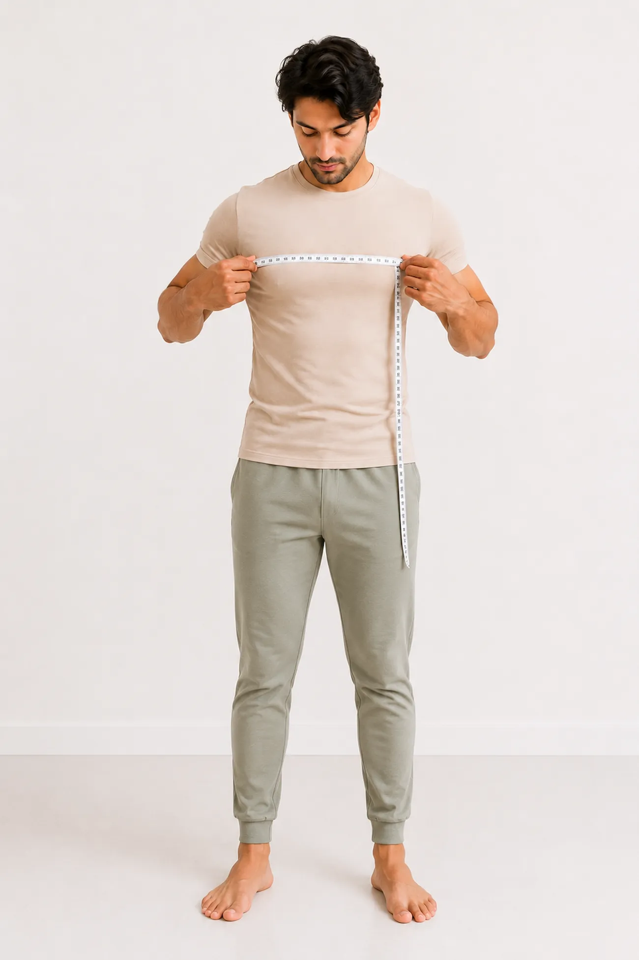 man measuring chest with tape measure for male body shape calculator guide