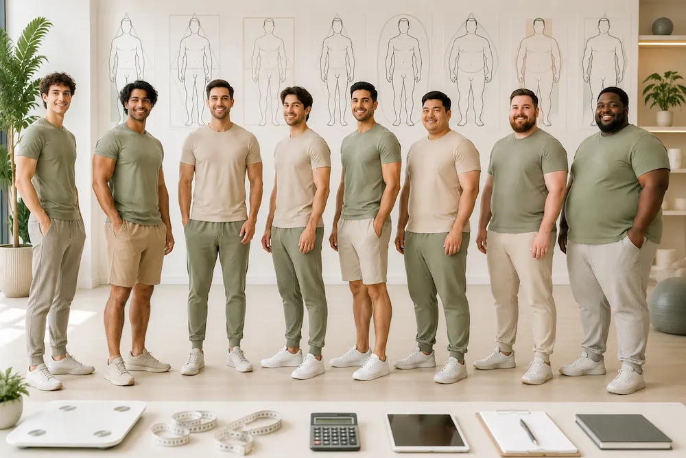 eight men showing all 8 male body types for male body shape calculator guide