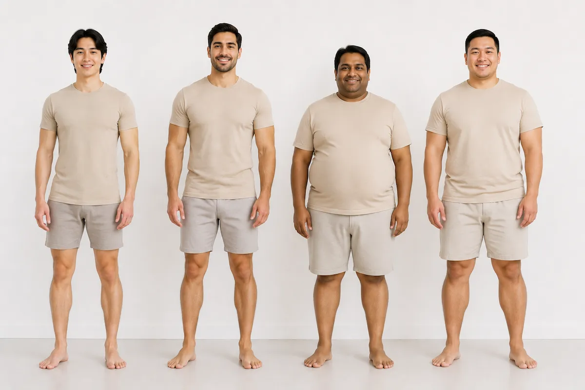 four men showing inverted triangle pear spoon and hourglass male body types