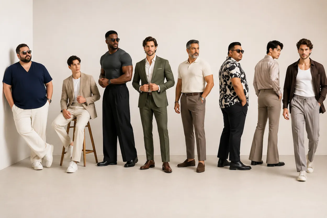 eight men with different male body types wearing outfits styled for their body shape