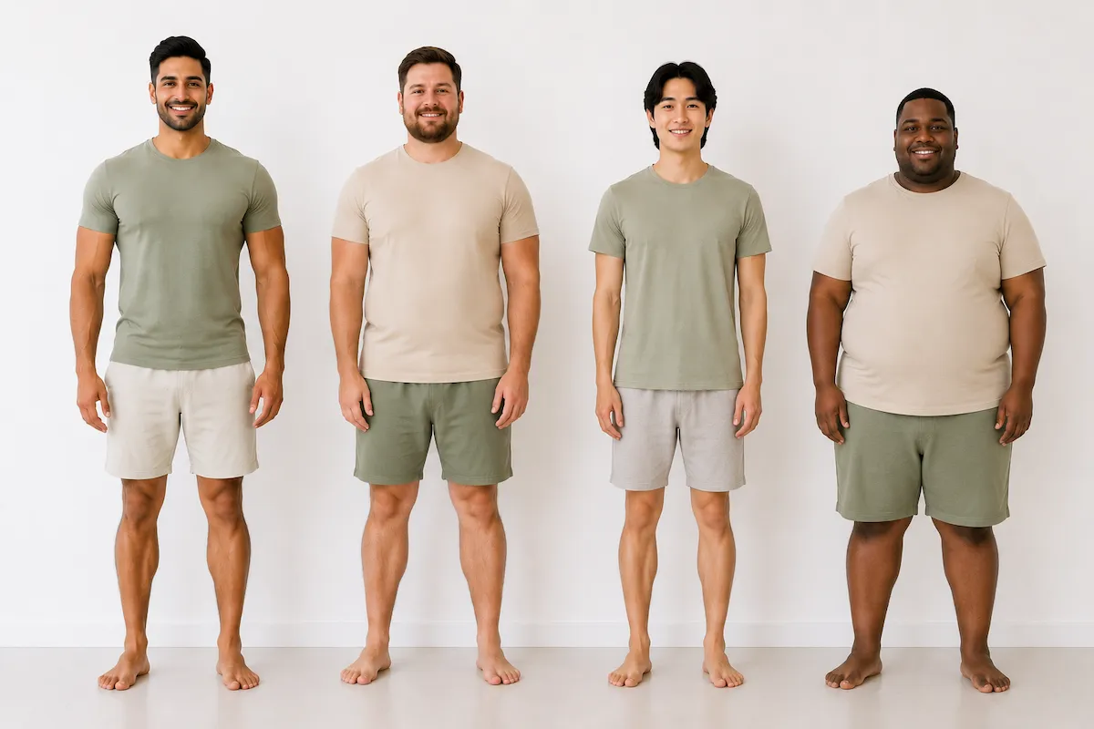 four men showing V-shape trapezoid rectangle and oval male body types