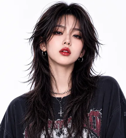 Wolf Cut female hairstyle on Korean K-pop woman model