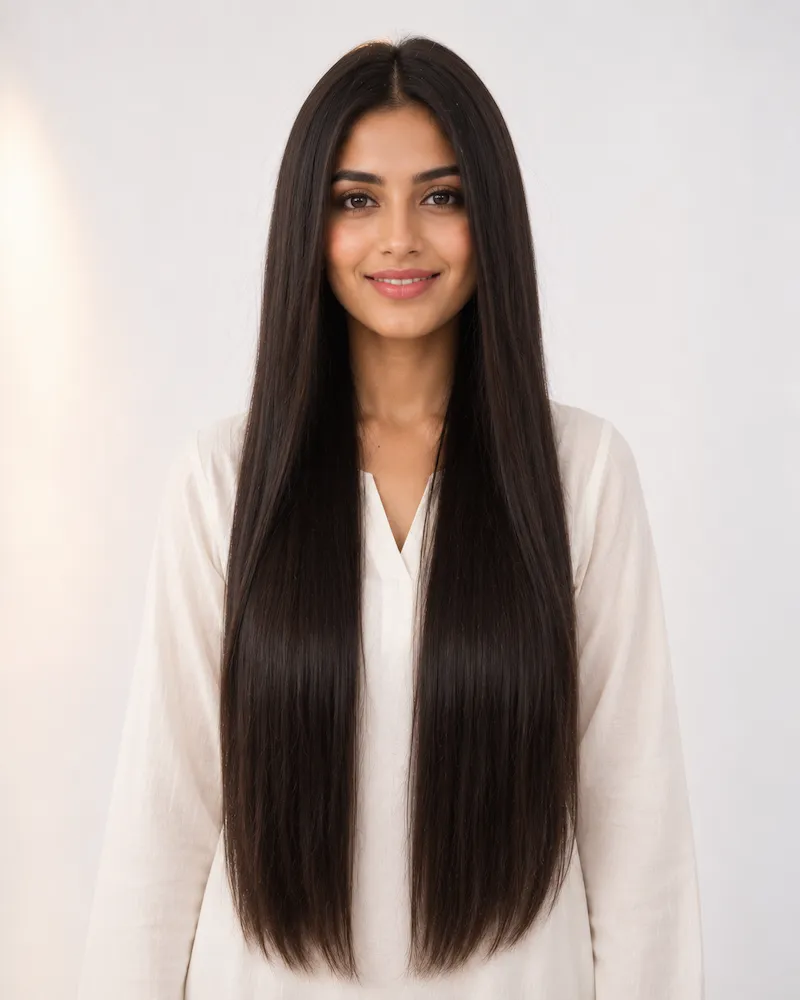 Sleek Straight Long female hairstyle on Pakistani bridal woman model