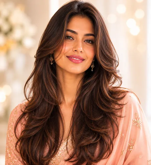 Face Framing Long Layers female hairstyle on Indian woman model