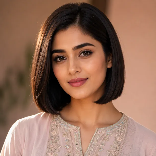 Blunt Bob female hairstyle on Pakistani woman model