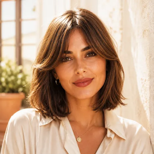 Curtain Bangs female hairstyle on Italian woman model 2026 trend