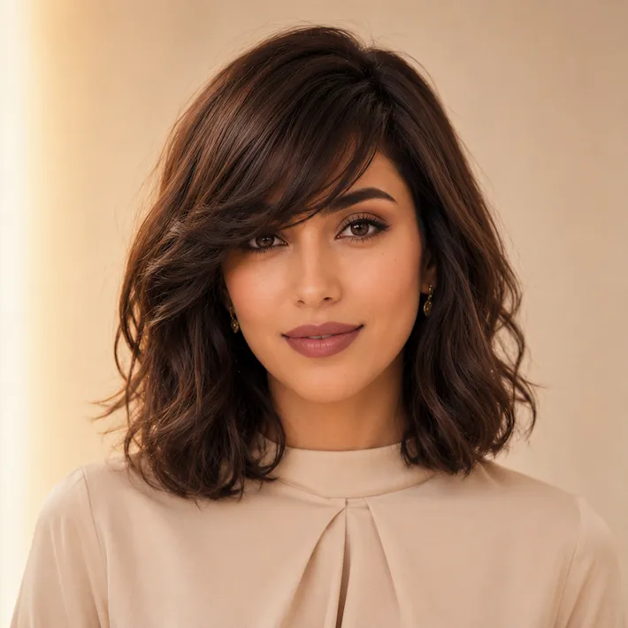 Side-Swept Bangs female hairstyle on Middle Eastern Arab woman model